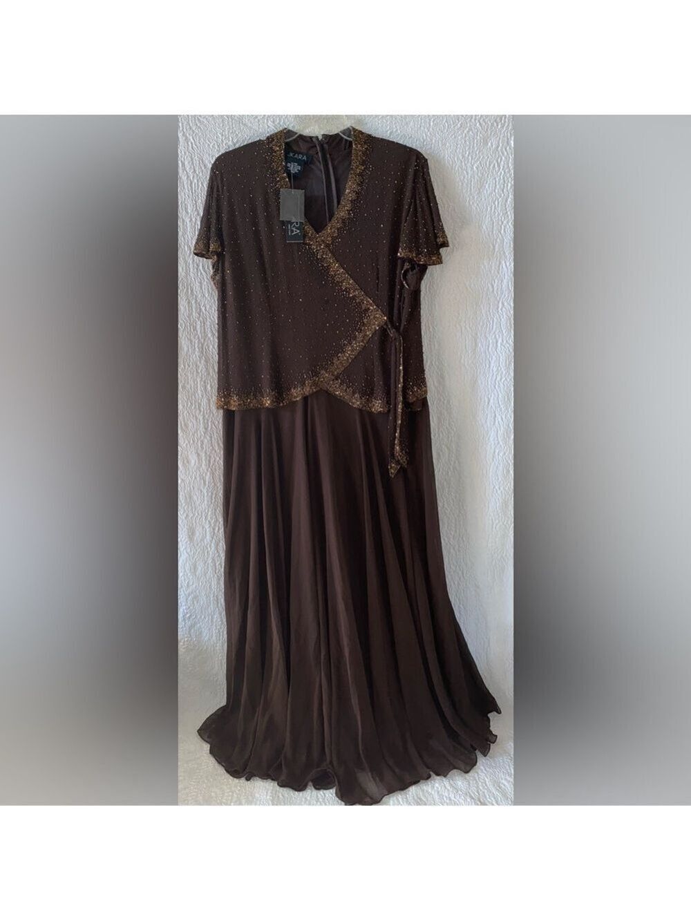 Jkara Beaded Bodice V-Neck Short Sleeve Faux Wrap Gown